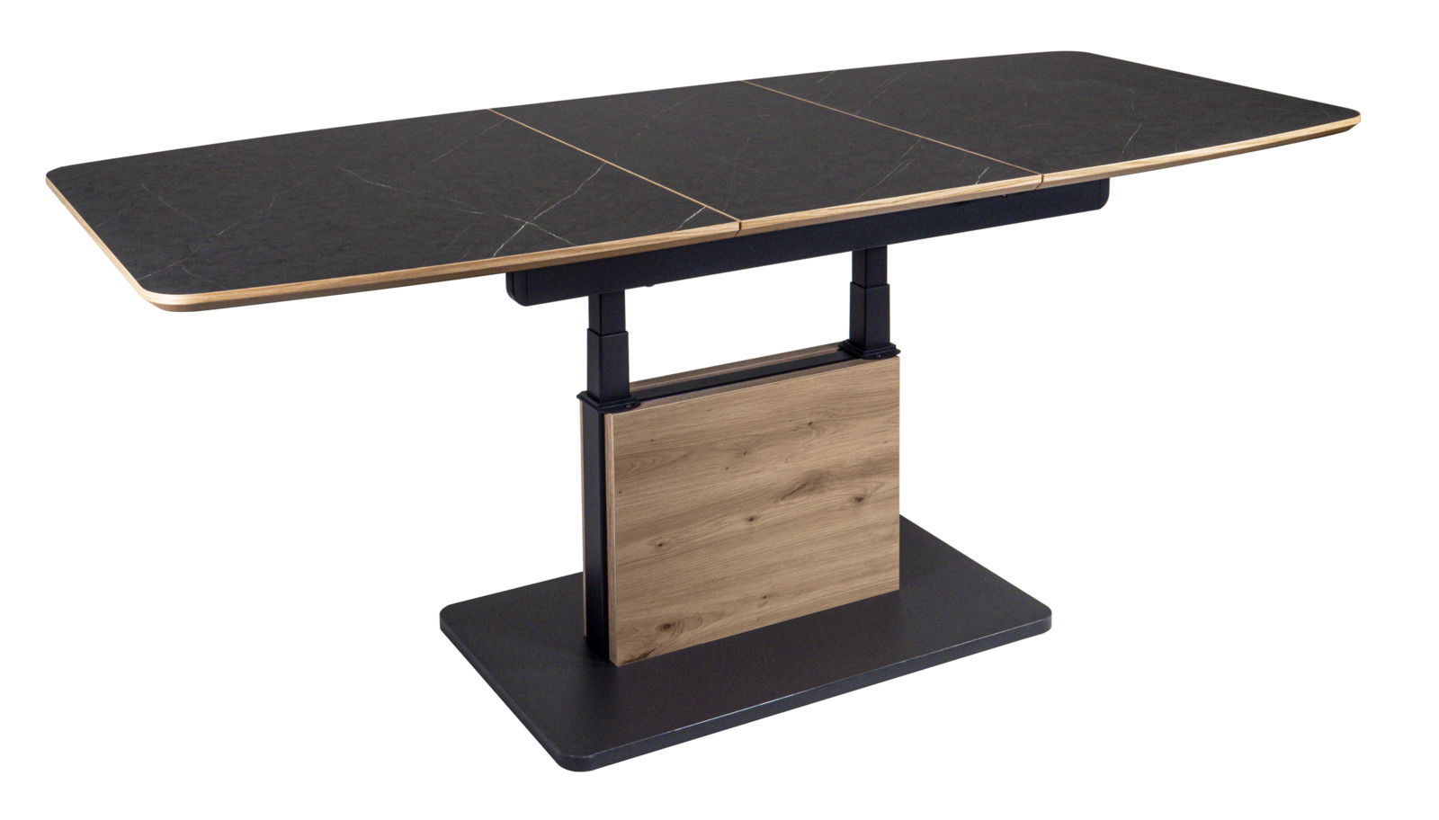 Moderner Couchtisch mit schwarzer Tischplatte und Holzdetails, seitliche Perspektive