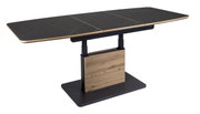 Moderner Couchtisch mit schwarzer Tischplatte und Holzdetails, seitliche Perspektive