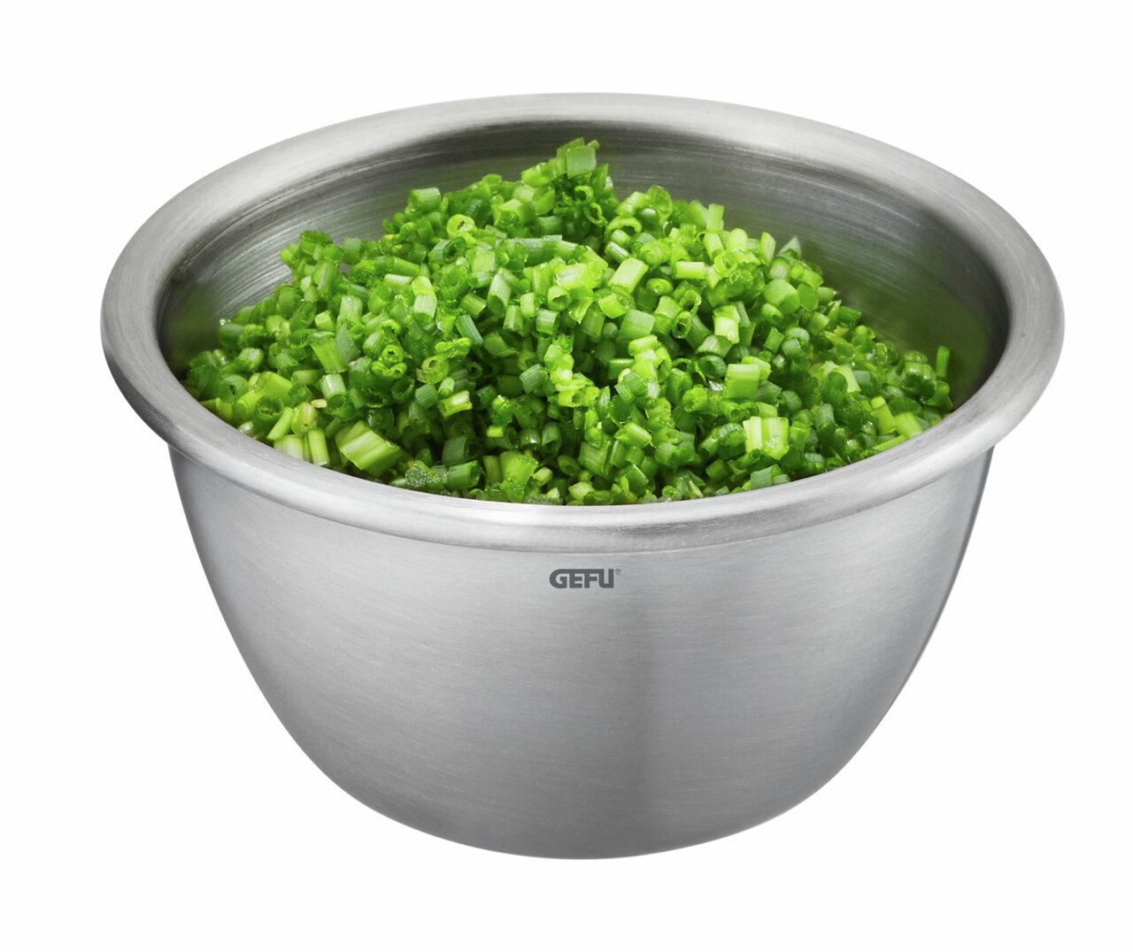 Edelstahl Minischüssel RINO mit gehacktem Schnittlauch, seitliche Perspektive