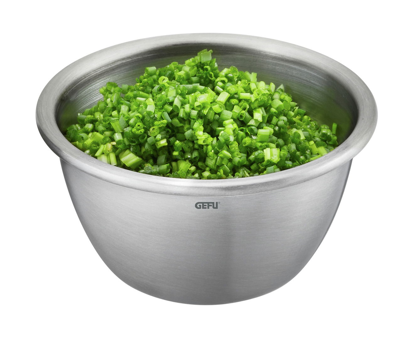 Edelstahl Minischüssel RINO mit gehacktem Schnittlauch, seitliche Perspektive