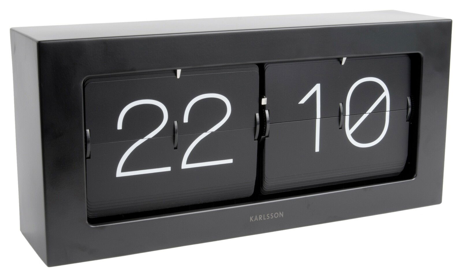 Schwarze Tischuhr XL mit Klappzahlenanzeige, seitliche Perspektive