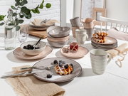 Kombiservice 24-tlg. in natürlichem Design, bestehend aus Tellern, Schalen und Tassen in sanften Erdtönen, auf einem gedeckten Tisch mit Waffeln und Beeren, aus seitlicher Perspektive fotografiert.