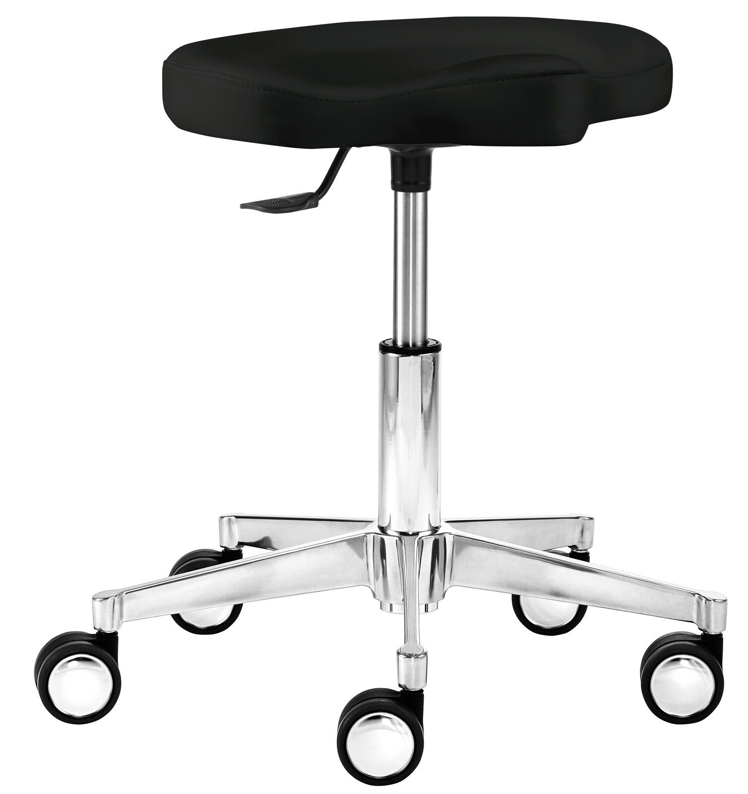 Schwarzer Funktionsdrehstuhl mit verchromtem Gestell und Rollen, seitliche Perspektive
