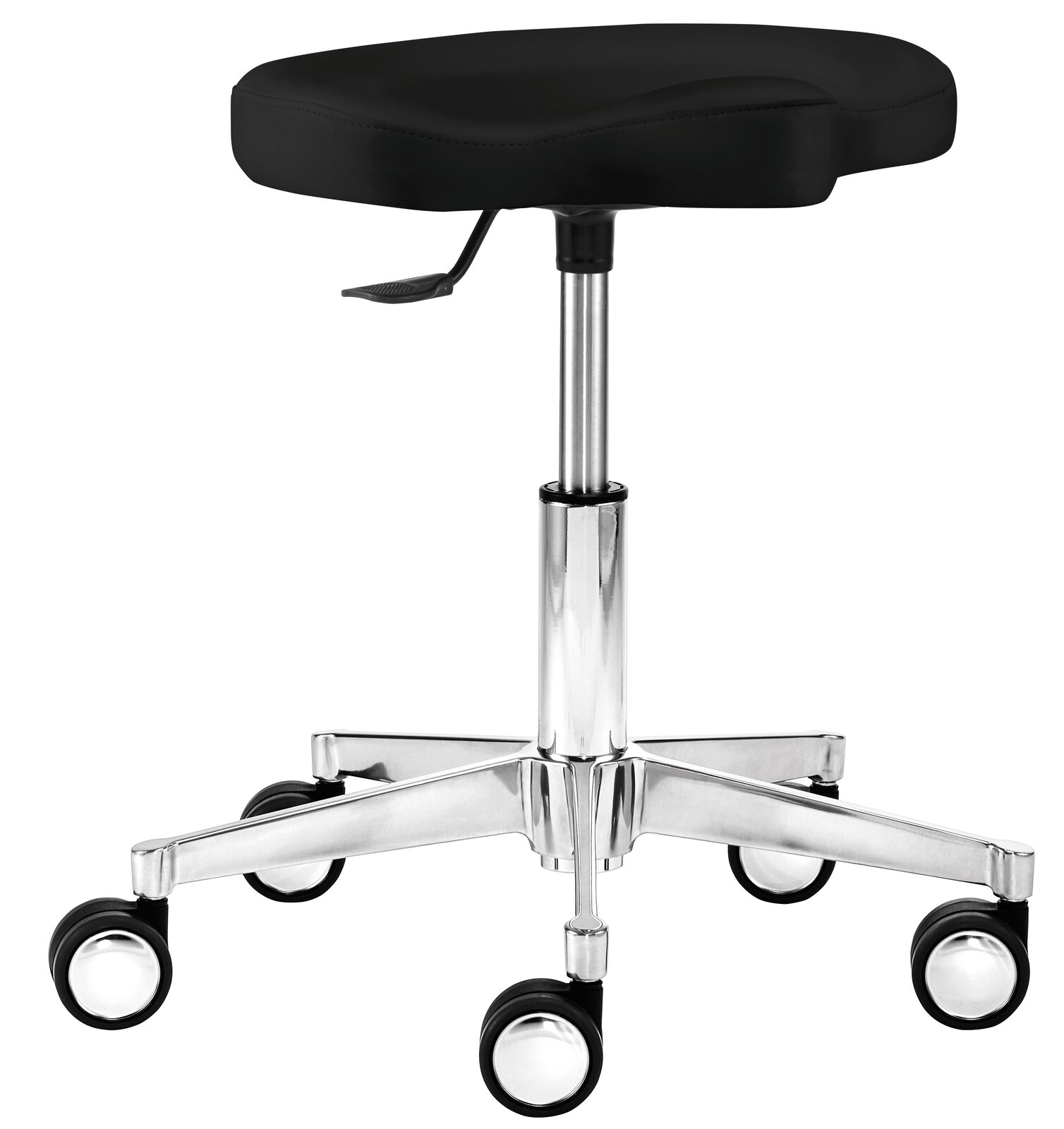 Schwarzer Funktionsdrehstuhl mit verchromtem Gestell und Rollen, seitliche Perspektive