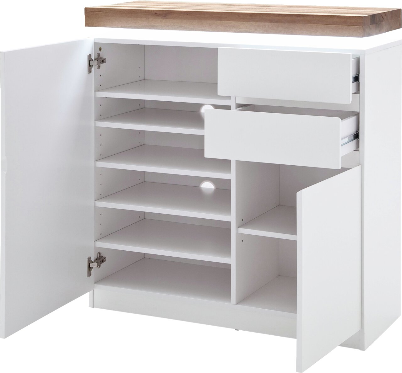 Weißer Schuhschrank mit offenen Türen und Schubladen, seitliche Perspektive