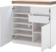 Weißer Schuhschrank mit offenen Türen und Schubladen, seitliche Perspektive