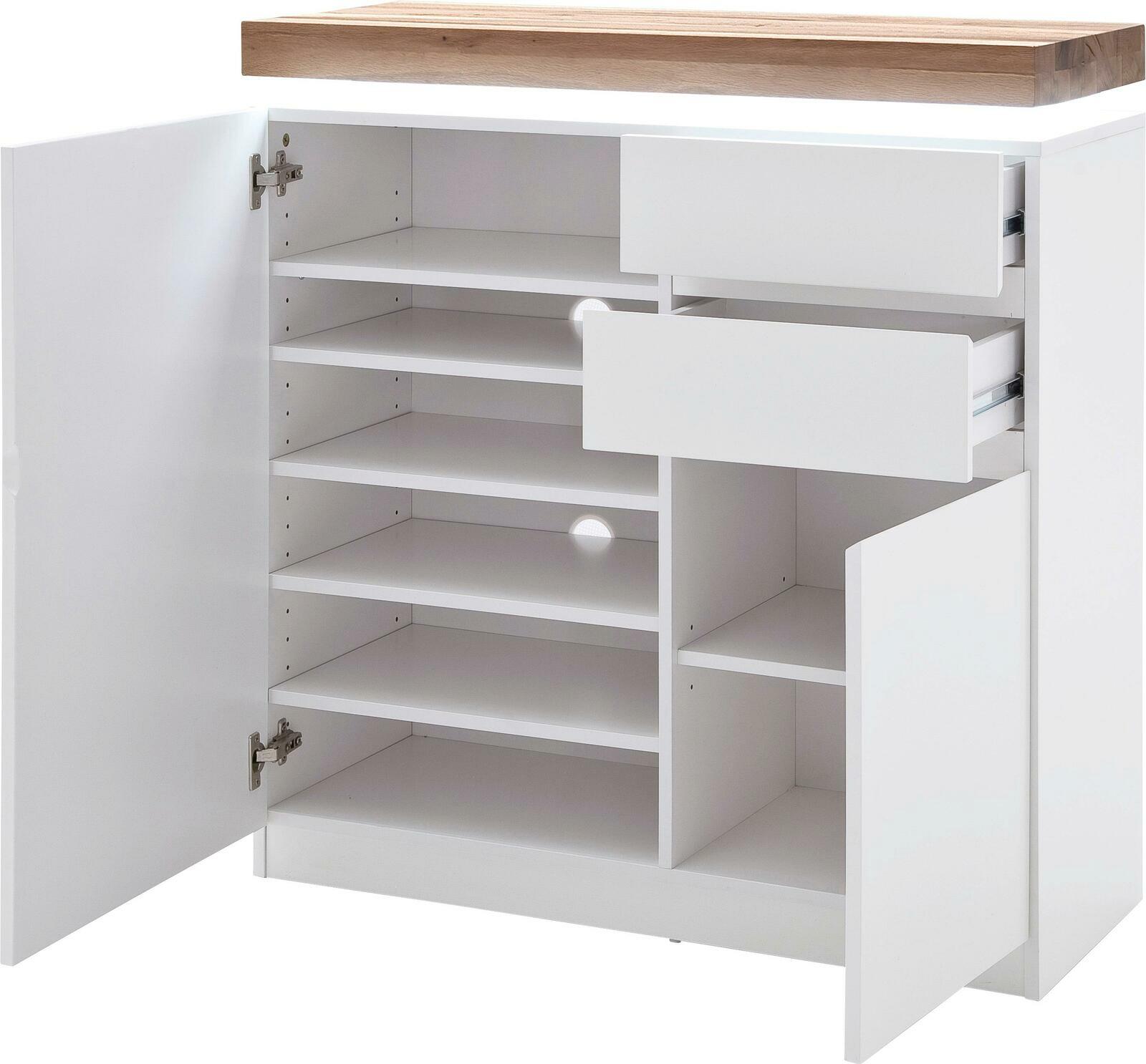 Weißer Schuhschrank mit offenen Türen und Schubladen, seitliche Perspektive