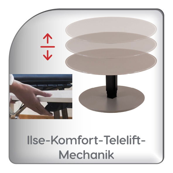 Höhenverstellbarer Couchtisch mit Ilse-Komfort-Telelift-Mechanik, seitliche Perspektive
