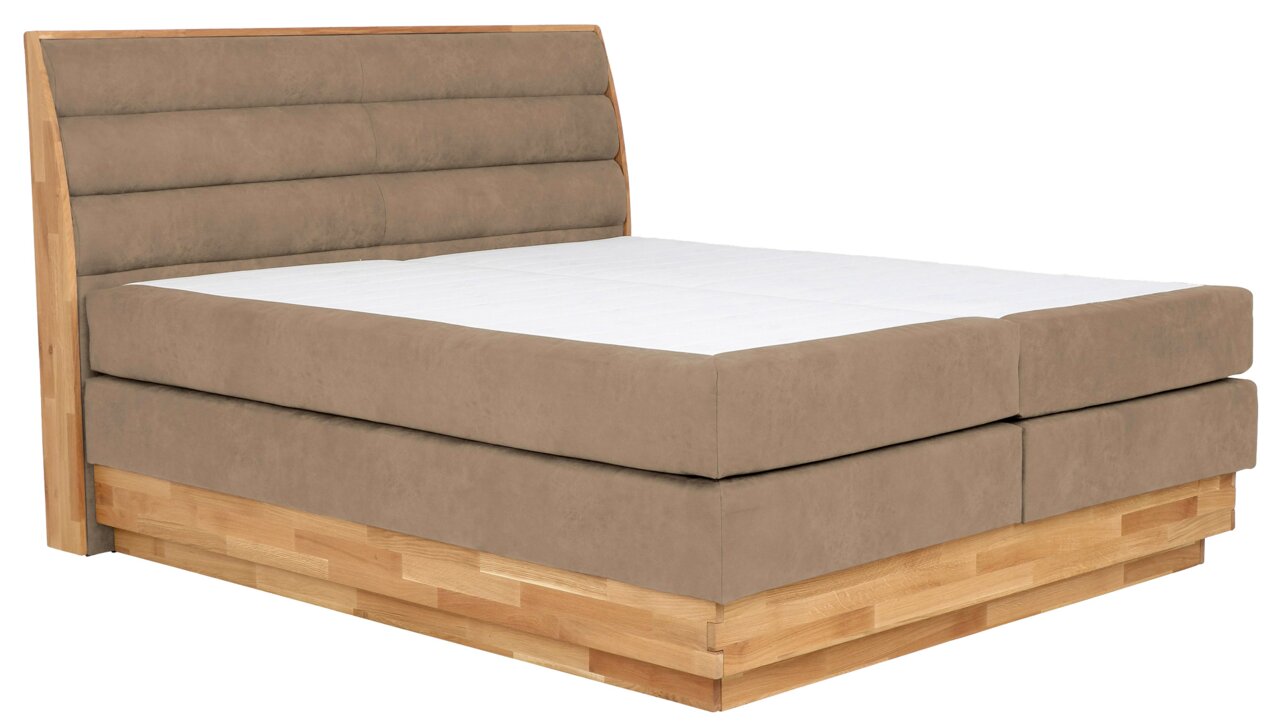 Boxspringbett mit gepolstertem Kopfteil in Holzoptik, seitliche Perspektive