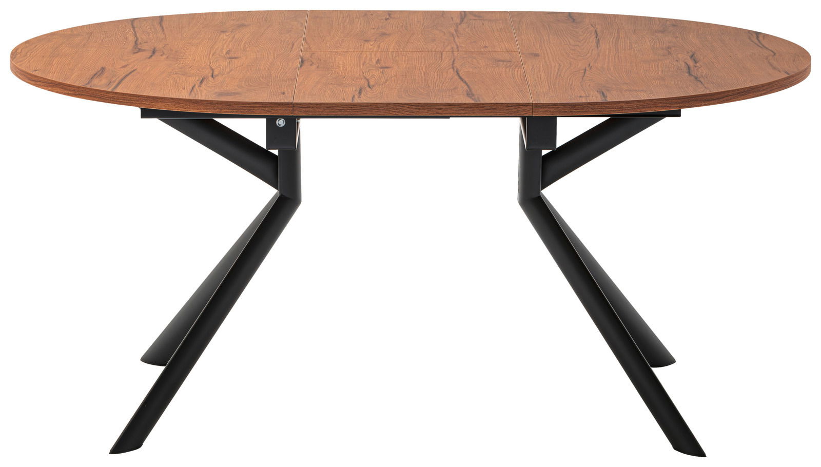 Runder Esstisch mit Holzoptik und schwarzen Metallbeinen, Frontalansicht