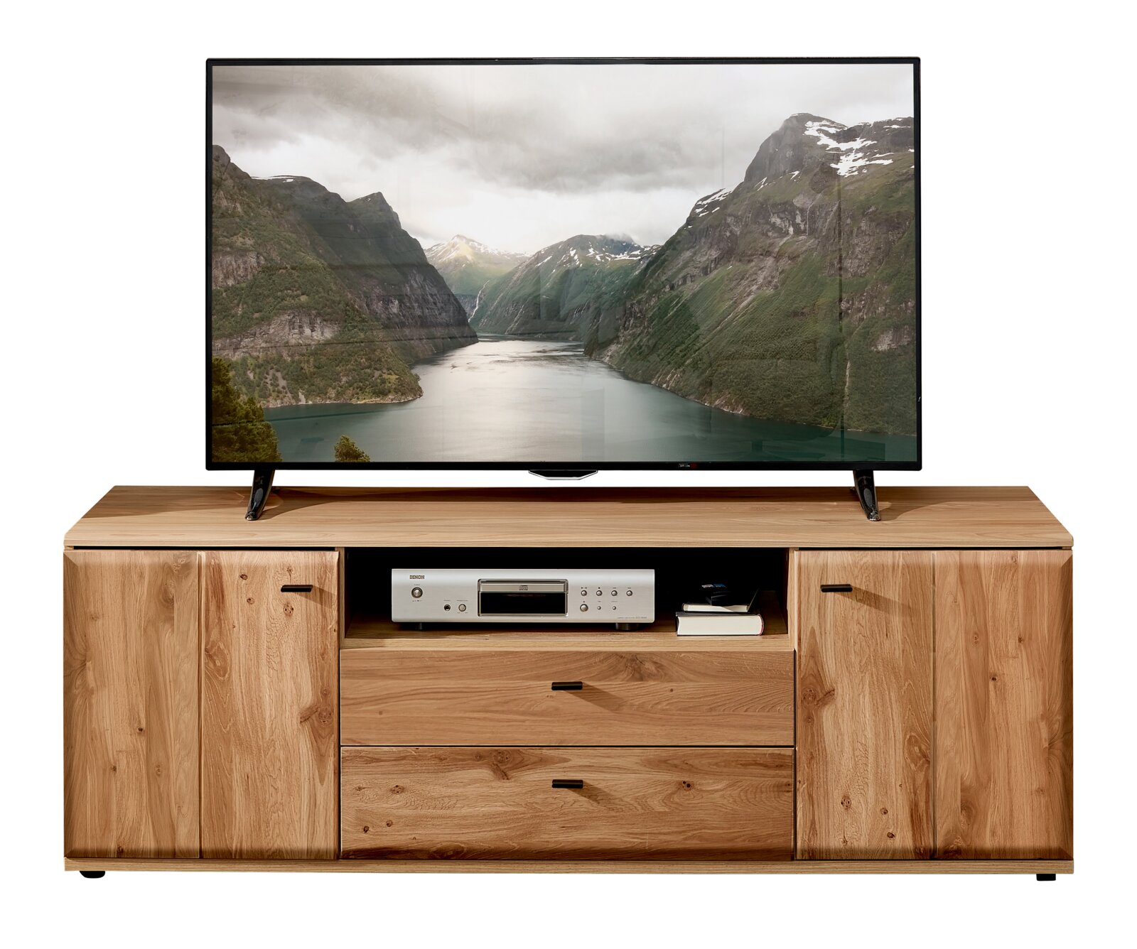Cantus Lowboard REIMS Houten tv-meubel met twee kastdeuren en twee lades, open middenvak met audioapparaat, frontale aanzicht/perspectief, met tv erop