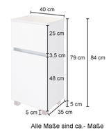 Weißer Unterschrank mit zwei Schubladen, Maße ca. 40 cm Breite, 84 cm Höhe, 35 cm Tiefe, seitliche Perspektive