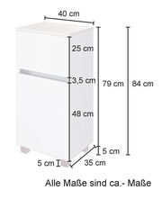 Weißer Unterschrank mit zwei Schubladen, Maße ca. 40 cm Breite, 84 cm Höhe, 35 cm Tiefe, seitliche Perspektive