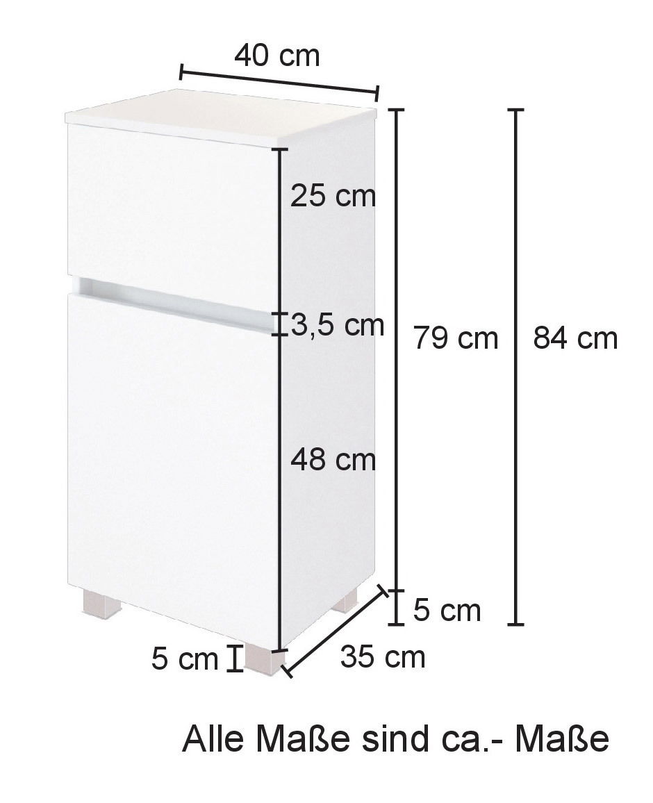 Weißer Unterschrank mit zwei Schubladen, Maße ca. 40 cm Breite, 84 cm Höhe, 35 cm Tiefe, seitliche Perspektive