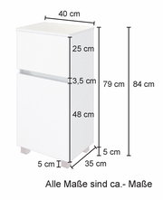 Weißer Unterschrank mit zwei Schubladen, Maße ca. 40 cm Breite, 84 cm Höhe, 35 cm Tiefe, seitliche Perspektive