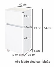 Weißer Unterschrank mit zwei Schubladen, Maße ca. 40 cm Breite, 84 cm Höhe, 35 cm Tiefe, seitliche Perspektive