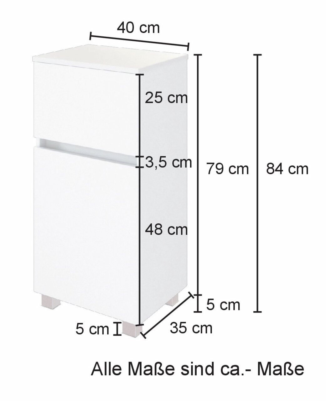 Weißer Unterschrank mit zwei Schubladen, Maße ca. 40 cm Breite, 84 cm Höhe, 35 cm Tiefe, seitliche Perspektive