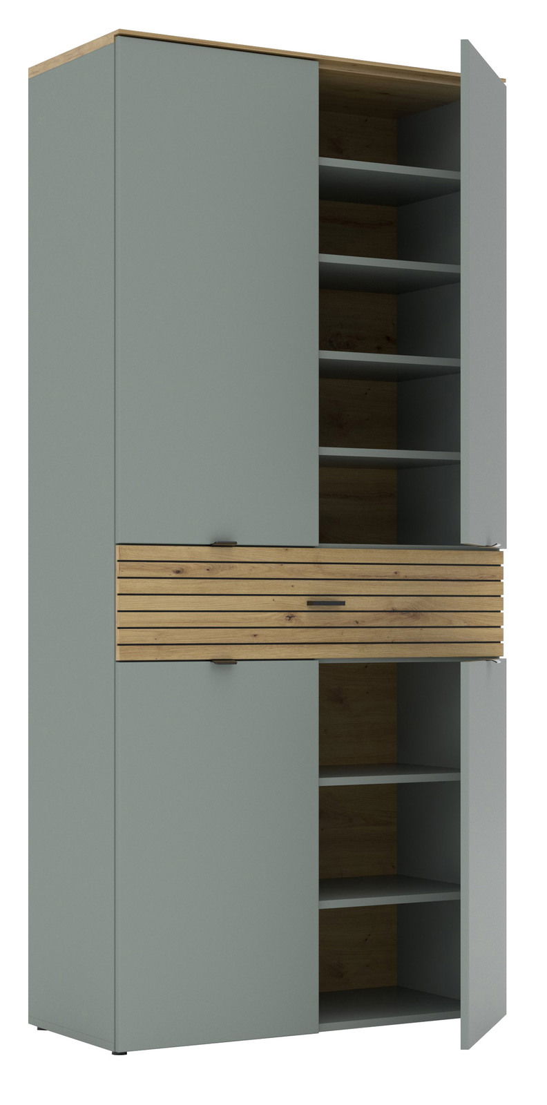 Hoher XL-Schuhschrank DIANA von Voleo in grauer Farbe mit Holzelementen, offene Türen, seitliche Perspektive