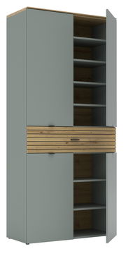 Hoher XL-Schuhschrank DIANA von Voleo in grauer Farbe mit Holzelementen, offene Türen, seitliche Perspektive