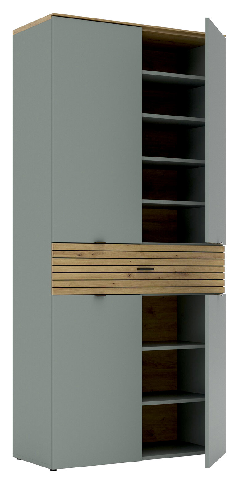 Hoher XL-Schuhschrank DIANA von Voleo in grauer Farbe mit Holzelementen, offene Türen, seitliche Perspektive