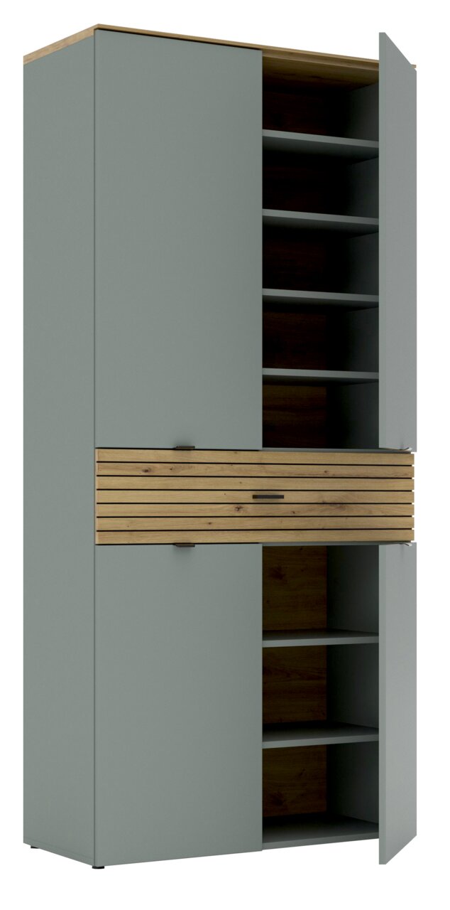 Hoher XL-Schuhschrank DIANA von Voleo in grauer Farbe mit Holzelementen, offene Türen, seitliche Perspektive