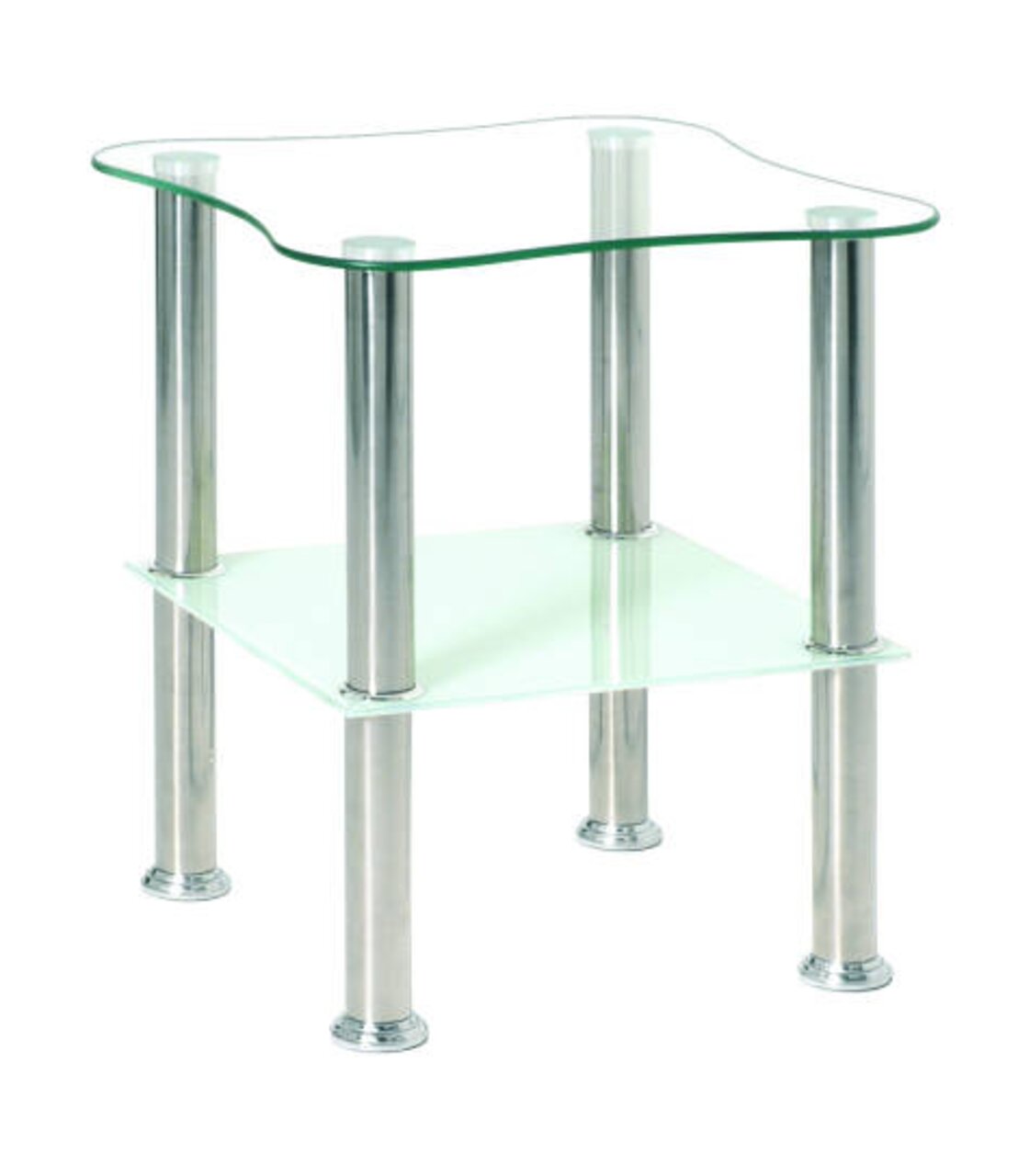 Moderner Beistelltisch mit Glasplatte und Metallbeinen, seitliche Perspektive