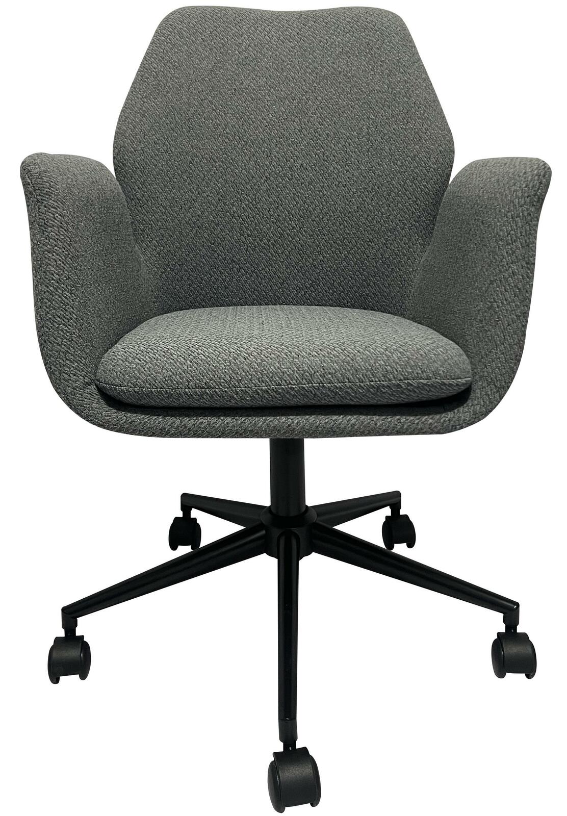 Grauer Drehstuhl mit gepolstertem Sitz und Rückenlehne, auf schwarzem Rollfußgestell, Frontalansicht