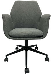 Grauer Drehstuhl mit gepolstertem Sitz und Rückenlehne, auf schwarzem Rollfußgestell, Frontalansicht