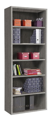 Graues Regal mit fünf Fächern, gefüllt mit bunten Boxen, Ordnern und Büchern, seitliche Perspektive