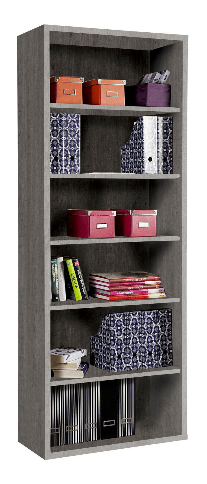 XORA Regal DIVINO Graues Regal mit fünf Fächern, gefüllt mit bunten Boxen, Ordnern und Büchern, seitliche Perspektive