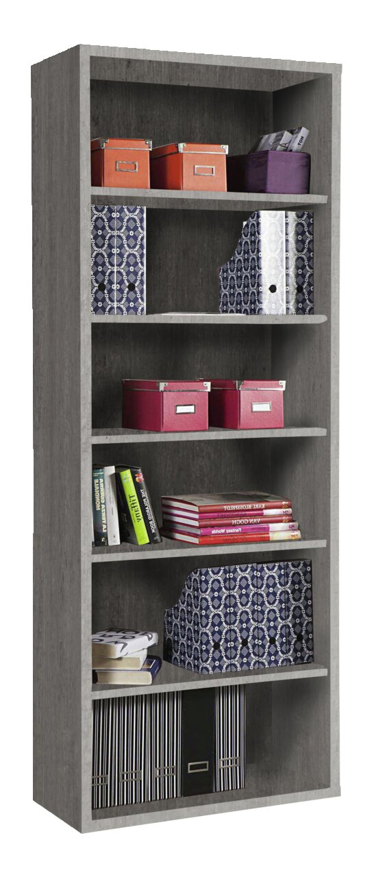 XORA Regal DIVINO Graues Regal mit fünf Fächern, gefüllt mit bunten Boxen, Ordnern und Büchern, seitliche Perspektive