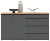 Frontansicht eines modernen Sideboards mit dunklen Türen und Schubladen, dekoriert mit einer Vase, einer Schale und einem offenen Buch.