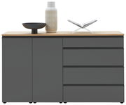 Frontansicht eines modernen Sideboards mit dunklen Türen und Schubladen, dekoriert mit einer Vase, einer Schale und einem offenen Buch.