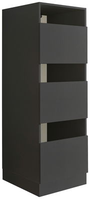 Schwarzer Wäscheschrank mit drei offenen Schubladen, seitliche Perspektive