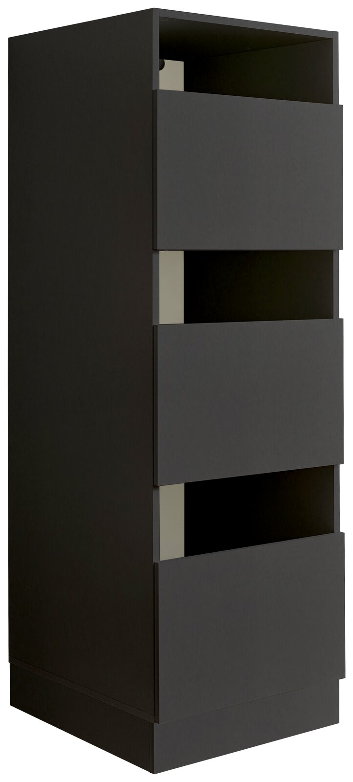 Schwarzer Wäscheschrank mit drei offenen Schubladen, seitliche Perspektive