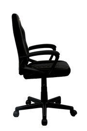 Seitenansicht eines schwarzen Jugend Gaming Stuhls mit Armlehnen und Rollen