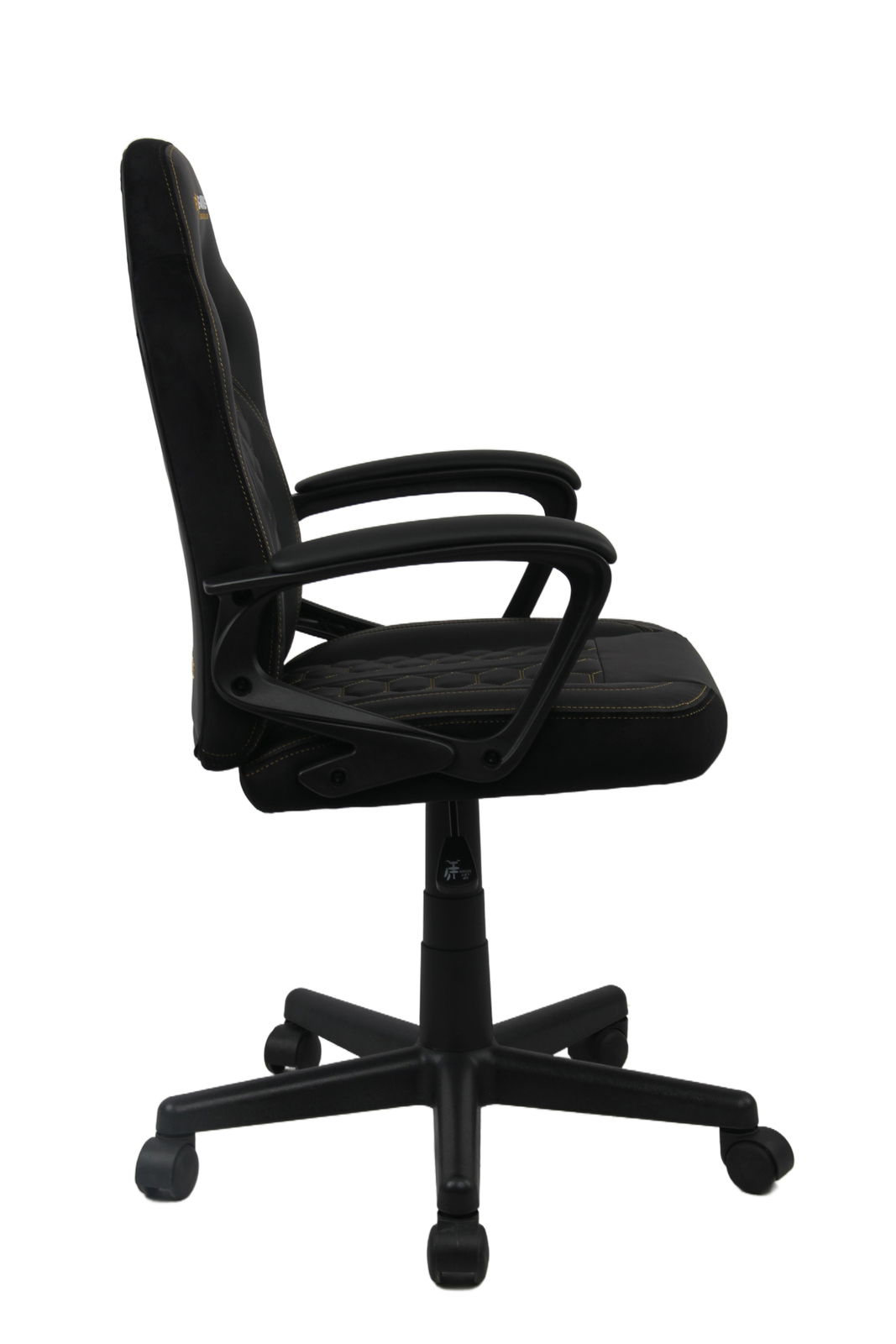 BXGAMING Jugend Gaming Stuhl VINCE Seitenansicht eines schwarzen Jugend Gaming Stuhls mit Armlehnen und Rollen