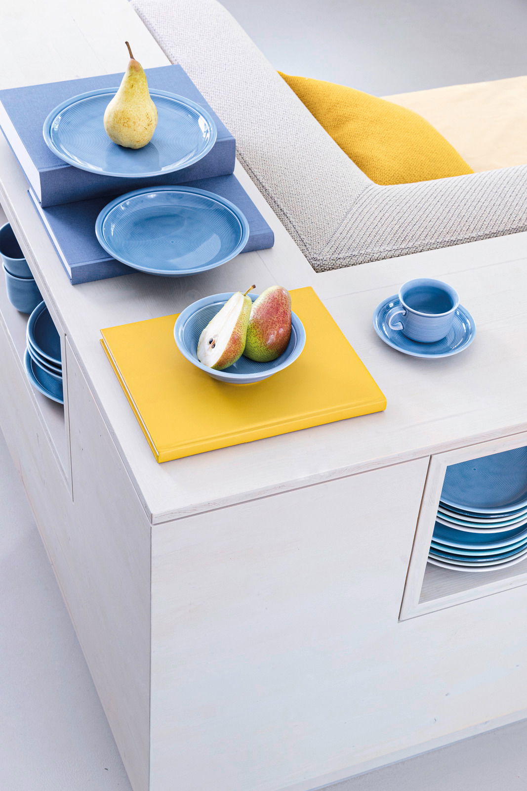 Thomas Suppenteller TREND COLOUR Blauer Suppenteller 22 cm, von oben fotografiert, auf einem blauen Buch mit einer Birne darauf.