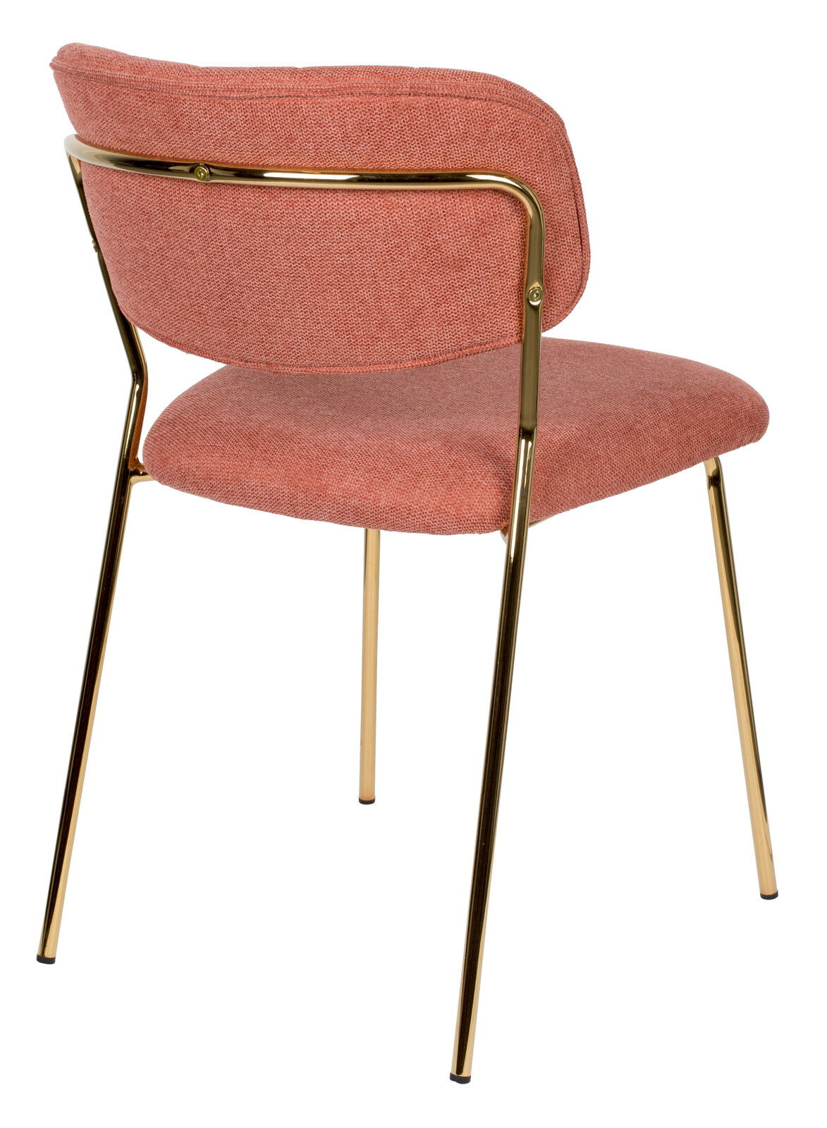 Rückansicht eines modernen Stuhls mit rosafarbenem Stoffbezug und goldenen Metallbeinen.