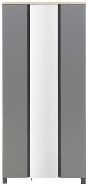 Frontale Ansicht eines modernen Garderobenschranks mit grauen Türen und einem zentralen Spiegel.
