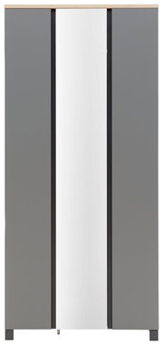 Frontale Ansicht eines modernen Garderobenschranks mit grauen Türen und einem zentralen Spiegel.