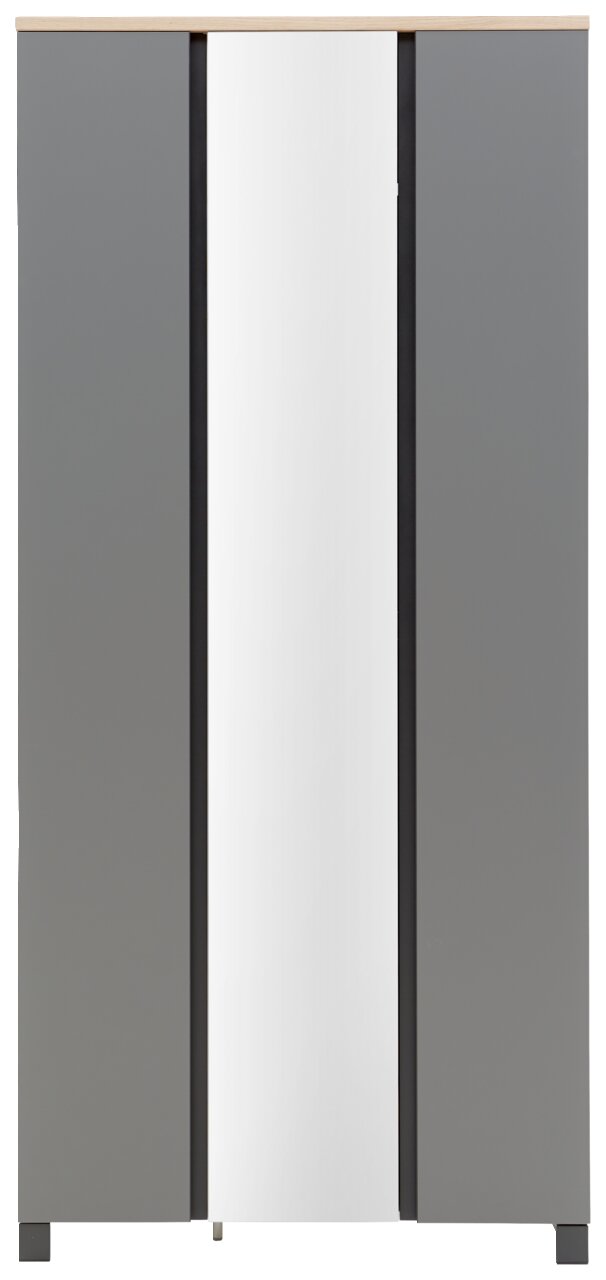 Frontale Ansicht eines modernen Garderobenschranks mit grauen Türen und einem zentralen Spiegel.