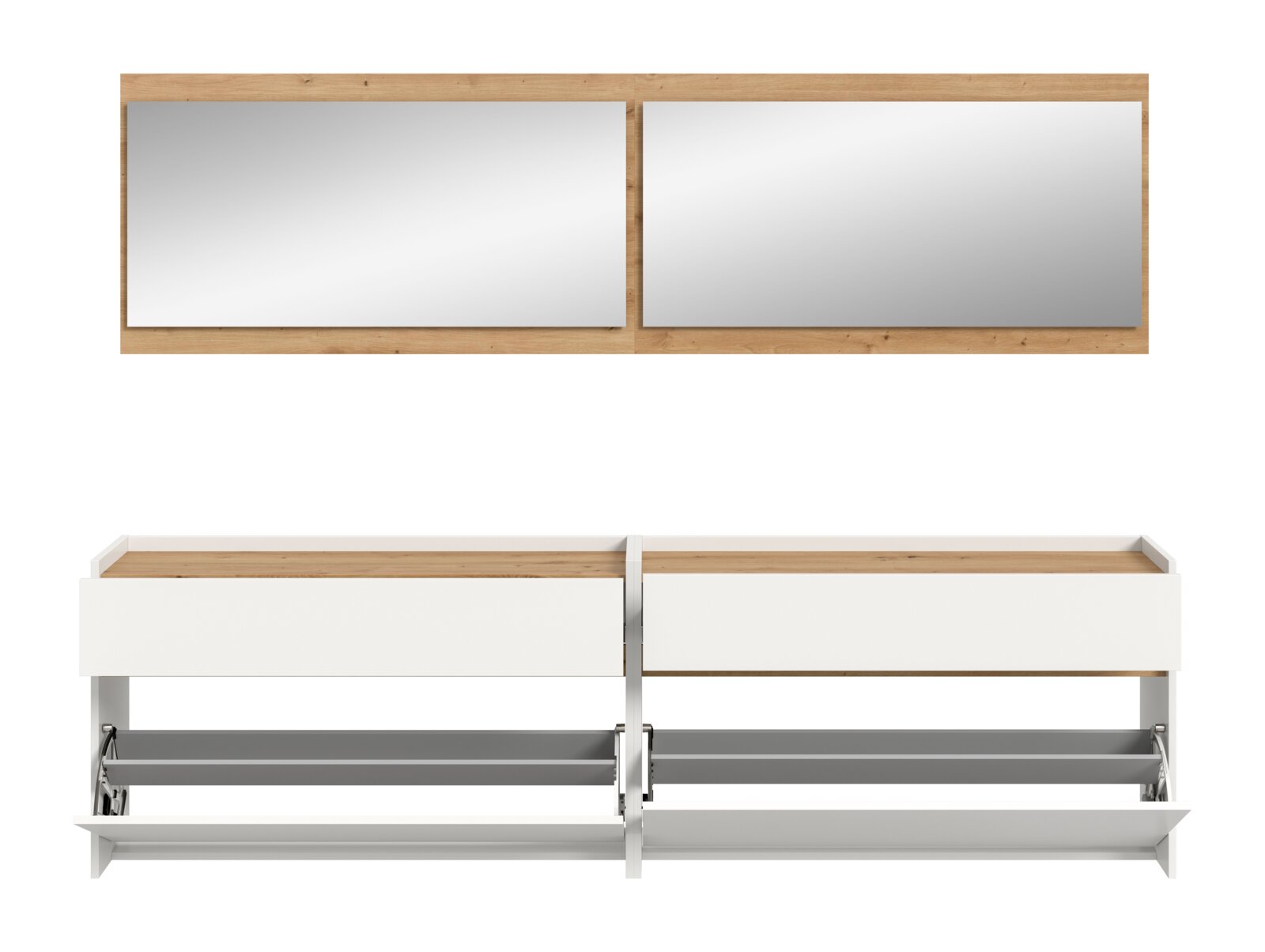 Weißes Doppel-Wandmöbel mit Holzrahmen und zwei Spiegeltüren; unten zwei offene Klappfächer/Schuhklappen, gezeigt in Frontansicht mit Detailansicht der geöffneten Klappen.