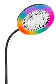 Schwarze LED-Lupenleuchte mit flexiblem Schwanenhals und ringförmiger RGB-Beleuchtung, frontale Nahansicht auf den Leuchtenkopf vor weißem Hintergrund