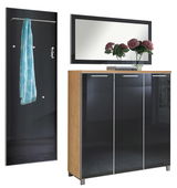 Garderoben-Set 3-tlg. mit modernem Design, bestehend aus einem Spiegel, einem Schrank mit drei Türen und einer Wandgarderobe mit Haken und Stange, seitliche Perspektive