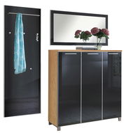 Garderoben-Set 3-tlg. mit modernem Design, bestehend aus einem Spiegel, einem Schrank mit drei Türen und einer Wandgarderobe mit Haken und Stange, seitliche Perspektive