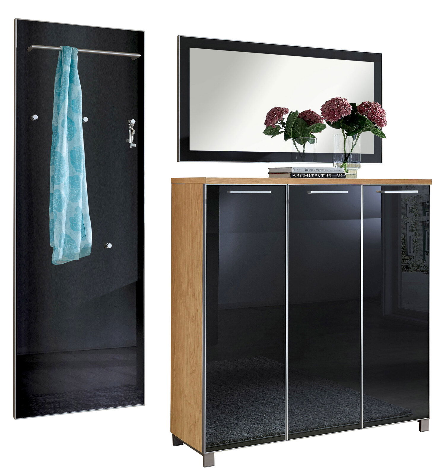 VOSS Garderoben-Set 3-tlg. (Set55) SANTINA Garderoben-Set 3-tlg. mit modernem Design, bestehend aus einem Spiegel, einem Schrank mit drei Türen und einer Wandgarderobe mit Haken und Stange, seitliche Perspektive