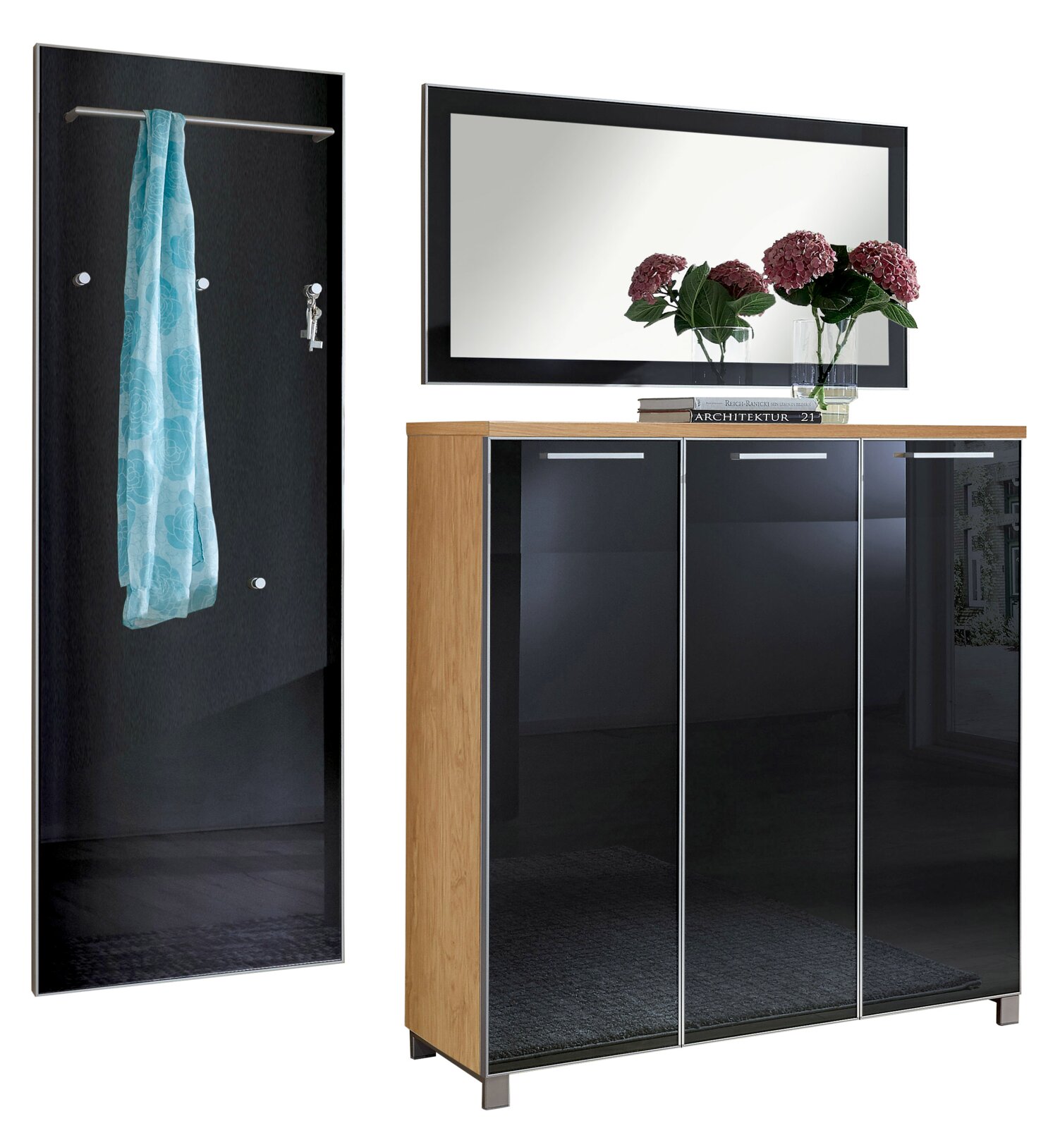 VOSS Garderoben-Set 3-tlg. (Set55) SANTINA Garderoben-Set 3-tlg. mit modernem Design, bestehend aus einem Spiegel, einem Schrank mit drei Türen und einer Wandgarderobe mit Haken und Stange, seitliche Perspektive