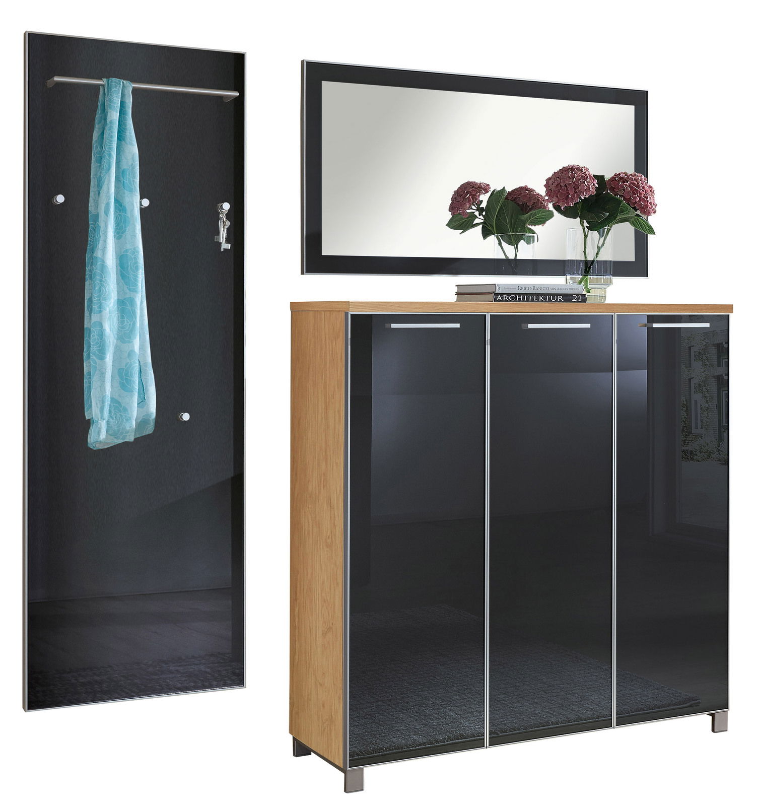 Garderoben-Set 3-tlg. mit modernem Design, bestehend aus einem Spiegel, einem Schrank mit drei Türen und einer Wandgarderobe mit Haken und Stange, seitliche Perspektive