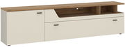 TV-Lowboard in Holzoptik mit cremefarbenen Fronten, seitlicher Perspektive